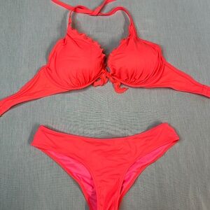 Victoria's Secret Coral Ruffle Bikini Bottoms Lg Top 36DD